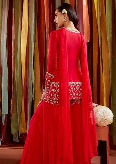 Red short jacket with pearls and sequins embroidered border at the sleeve and hemline. It is paired with a georgette bustier and sharara and a pre-pleated dupatta. Pleated Dupatta, Jacket Sharara, Pearl Jacket, Indian Bridesmaids, Hot Pink Shorts, Embroidered Border, Sanya, Sharara Set, Embroidered Shorts