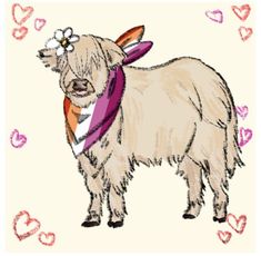 a drawing of a small goat with a scarf around it's neck and hearts in the background