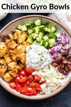 chicken gyro bowls with tomatoes, cucumbers and onions