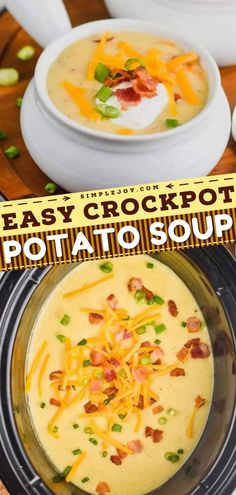 Crockpot Potato Soup Recipe, comfort food recipes, simple dinner recipes Bake Potatoes Soup In Crock Pot, Crockpot Potato Soup Without Cream Cheese, Crockpot Meals Potato Soup, Slow Cooker Potato Cheese Soup, Potatoe Cheese Soup Crockpot, Slow Cooked Potato Soup, Crock Pot Cheddar Potato Soup, Slow Cooker Bacon Potato Soup, Quick Crockpot Potato Soup