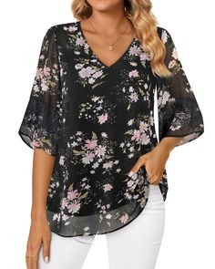 PRICES MAY VARY. FEATURES: Chiffon Blouses for Women/ Women's Dressy Blouse /V Neck Business Casual Tops For Women / Women Blouses Half Sleeve With Patchwork Lace/ 3/4 Bell Sleeve Tops/ Work Shirts for Women/ Classic Versatile Blouses For Women/ Lightweight Pretty Blouse/ Casual Loose Fit Style HALF SLEEVE BLOUSES: This Chiffon Blouses is simple yet elegant. The patchwork lace on the sleeves are fashionable detail that adds flair to the blouse, and unlike other blouses, this one is even more ele Work Shirts For Women, Business Casual Tops For Women, Womens Dressy Blouses, Business Casual Tops, Women's Half Sleeve, Bell Sleeve Tops, Tunic Shirts, Business Casual Top, Layered Tunic