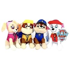 five small stuffed animals are lined up in a row on a white background with the caption paw patrol