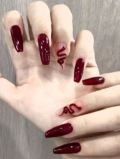 24/pcs Fake nails sets - classy baddie nails, february nails, red nails, trendy nails 2024 Dark Nail Inspo Almond, Simple Dark Acrylic Nails, Dark Romance Nails, Red Wine Nail Color, Red Inspo Nails, Burgundy Color Nails, Nails Color Vino, Scarlett Nails, Cute Grunge Nails