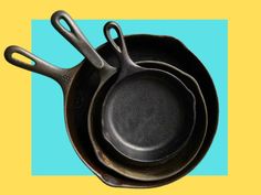 three frying pans sitting side by side on a blue and yellow square background