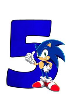 sonic the hedgehog is in front of the number 5, and it looks like he has