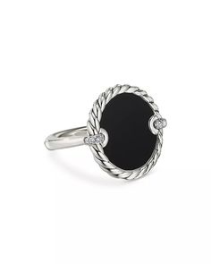 David Yurman - Sterling Silver DY Elements® Black Onyx and Diamond Ring Silver Onyx Ring Fine Jewelry, Fine Jewelry Onyx Silver Ring, Fine Jewelry Onyx Ring In White Gold, Formal Sterling Silver Rings With Black Enamel, White Gold Onyx Ring Fine Jewelry, Fine Jewelry White Gold Onyx Rings, Elegant Round Onyx Rings, Luxury Black Sterling Silver Ring, Luxury Silver Onyx Rings