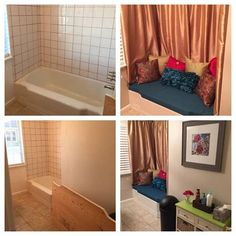 four different shots of a bathroom with bathtub, sink and window in the background