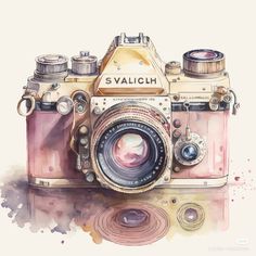 a watercolor painting of a camera with the name svalchi on it's front