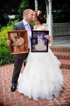 a bride and groom kissing in front of a gazebo with an old photo frame