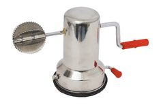 a stainless steel coffee pot with a red handle and spigot attached to it