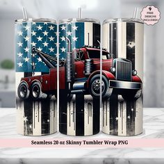 three tumblers with an image of a truck and american flag painted on the side