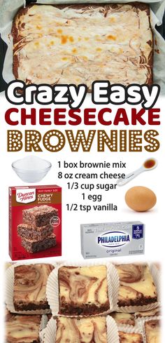 an advertisement for brownies with cheesecake toppings on top and other items in the background