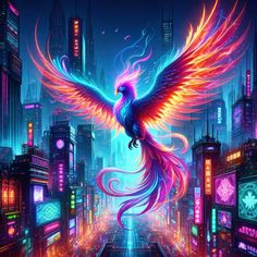 a colorful bird flying over a city filled with tall buildings and neon colored lights at night