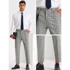 Plaid dress pants provide a unique and modern look that is perfect for men who want to stand out. The checked pattern pants can be worn with a blazer or suit jacket to create a formal look. Also, they can be worn with a sweater or cardigan for a more casual look. Plaid Dress Pants For Workwear, Plaid Pants With Welt Pockets For Business, Plaid Business Pants With Welt Pockets, Grey Plaid Pants Outfit Men, Plaid Slacks Outfit Men, Mens Plaid Pants Outfit Formal, Mens Plaid Dress Pants, Mens Gray Plaid Pants, Patterned Dress Pants