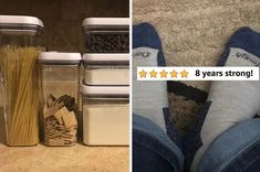 there are four jars with pasta noodles in them and one has socks on the floor