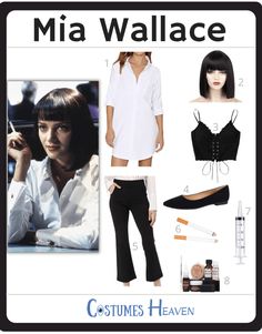 a woman in white shirt and black pants next to items from the movie mia wallace