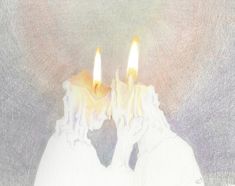 two candles are lit in the middle of a painting with grey and yellow colors on it