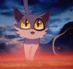 a cartoon cat with yellow eyes walking across a field at night in front of the sky