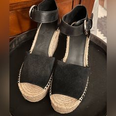 Marc Fisher Alida Black Leather/Suede Wedge Espadrilles - 9-1/2. Nwot. Never Worn. Great Condition. Suede At Toes And Leather At Back And Ankle Strap. Open Toe And Buckled Ankle Strap. Very Comfortable. Just Can’t Wear Heels Anymore. Also Listed In Cream And Purple. Bundle All 3 And Save Casual Suede Wedge Espadrilles, Casual Suede Espadrilles With Wedge Heel, Chic Suede Platform Espadrilles, Black Suede Wedge Heel Sandals, Suede Platform Espadrilles With Round Toe, Casual Suede Wedge Sandals With Round Toe, Black Espadrille-style Wedge Sandals With Platform, Black Espadrille Platform Wedge Sandals, Wedge Espadrilles