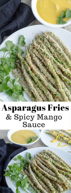 asparagus fries and spicy mango sauce on a white plate with cilantro