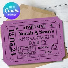 this is an image of a pink ticket style birthday party card with the words admit one, noah & bean's engagement party on it