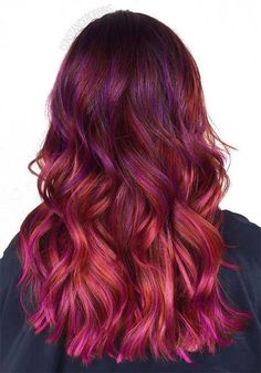 Purple, Pink, Red Baylage Ombre Red Hair With Pink And Purple Highlights, Baylage Ombre, Underdye Hair, Deep Red Hair, Unnatural Hair Color, Baylage Hair, Purple Balayage