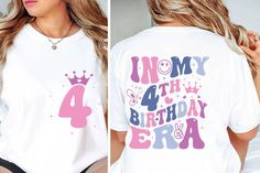 a woman wearing a birthday shirt with the number four on it and her name in pink