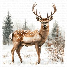 a painting of a deer standing in the snow with trees behind it and snow falling all around