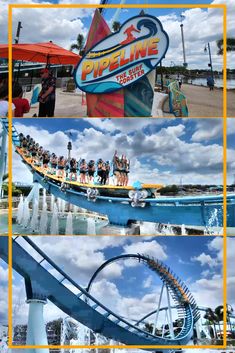 several pictures of people riding the roller coaster at an amusement park