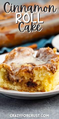 cinnamon roll cake on a white plate with the title in the middle and bottom photo