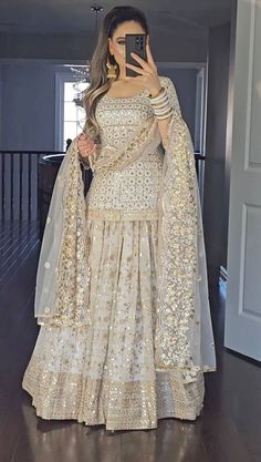 Needle Work Embroidery, Long White Blouse, Desi Dress, Trendy Outfits Indian, Stitched Lehenga, Work Lehenga, Punjabi Outfits, Georgette Dupatta, Traditional Indian Dress