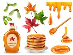 the maple syrup is being poured on top of pancakes with leaves and spoons next to it