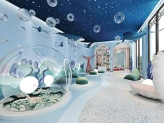 this is an image of a room with bubbles floating in the air on the ceiling