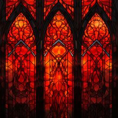 a stained glass window with red light coming through it