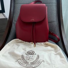 Used Once In Excellent Condition. Beautiful Cherry Leather Backpack. Tan Color Inside. Inside Pocket. Hardware Still Gold And Shine. Adjustable Straps!!! Dust Bag And Original Care Card Included Ralph Lauren Backpack, Monogram Backpack, Ralph Lauren Bags, Colorful Backpacks, Ralph Lauren Leather, Care Card, Mini Backpack, Backpack Purse, Tan Color