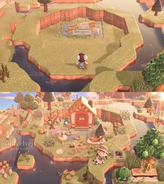 an animal crossing game is shown in two different screens, one showing the village and the other showing its surroundings