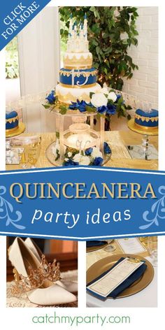 quinceanera party ideas with blue and gold details on the cake, napkins, and shoes