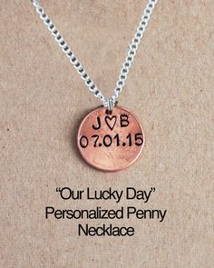 "This lucky penny necklace would be the perfect gift to give your significant other for your anniversary, wedding, valentines day, or just because! It would also be a great gift to give your best friend, or to give a loved one for their wedding or bridal shower. HERE'S HOW YOU ORDER : * Select the quantity you want from the drop down bar. * Choose the year of the penny from the drop down bar * Add this item to your cart * There is not a drop down bar for the initials, LEAVE THE INITIALS or/and D Penny Necklace, Date Necklace, Floating Diamond Necklace, Anniversary Gift For Husband, Good Luck Necklace, Lucky Penny, Diamond Evil Eye, Mens Anniversary Gifts, Necklace Wedding