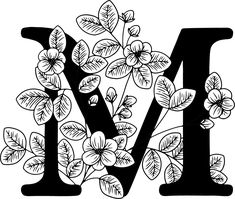 the letter n with flowers and leaves on it is outlined in black against a white background