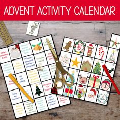 the christmas activity calendar is displayed on a wooden table