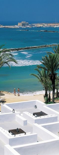 a beach with palm trees and people in the water