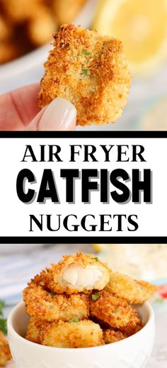 Collage of closeup shot of hand holding an air fryer catfish nugget at top and bowlful of air fryer catfish nuggets at bottom. Frozen Catfish Recipes, Air Fryer Catfish Nuggets Recipes, Catfish Bites Recipes, Air Fry Catfish Nuggets, Air Fryer Fish Bites, Air Fried Catfish Nuggets, Catfish Nugget Recipes Air Fryer, Fried Catfish Nuggets Recipe