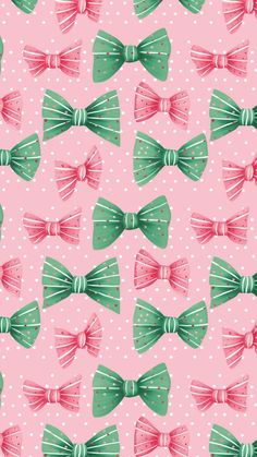 a pink and green bow tie pattern on a polka dot background, with white dots