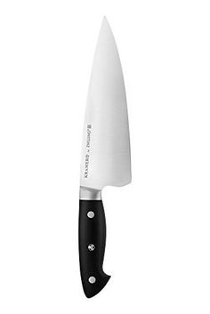 a large knife with a black handle on a white background