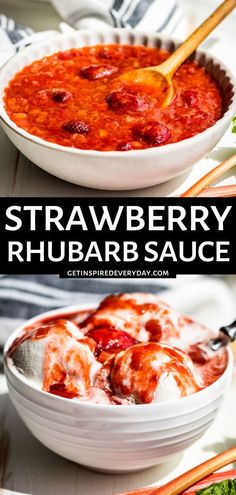 strawberry rhubarb sauce in a bowl with chopsticks on the side