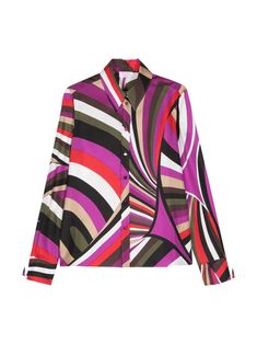 Pucci's Iride-Print Silk Shirt boasts an all-over geometric print in hues of purple and red. The shirt features a button-down front completed with fabric-covered buttons and has long button-cuffed sleeves. Pair with the matching skirt to complete the look. [tab] Composition: 100% Silk Size and Fit: Runs True to Size Care Instructions: Dry Clean Only Origin: Made in Italy SKU: PUC49R05 Questions about size, fit, or how to style? The KZ team is here to help you look and feel your best! Chat with o Pointed Flat Collar, Pucci Print, Printed Silk Shirt, Flat Collar, Twill Weave, Fabric Covered Button, Dolce E Gabbana, Natural Silk, Silk Twill