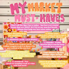 an advertisement for the market must haves on display in pink and orange letters with words above it