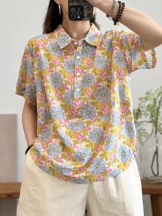 Lasaky - Floral Print Short-Sleeve Shirt: Sweet and Loose-Fit, with Half-Open Lapel Design Grandma Chic, Lapel Design, Sleeve Stencil, Floral Print Shorts, Outfit Set, Lapel Collar, Olivia Mark, Three Quarter Sleeves, Quarter Sleeve