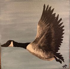 a painting of a goose flying in the sky