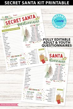 the secret santa printable game is shown on a wooden table